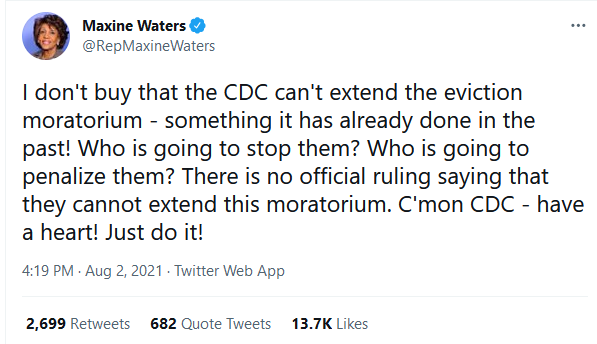 Maxine Waters Edict on Eviction Moratorium on Twitter
