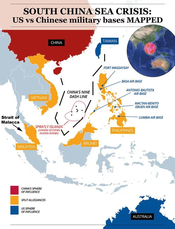 Map fo U.S. and China Military Bases in South China Sea