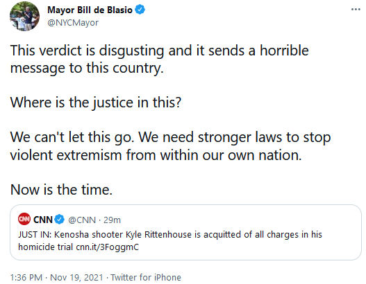 NYC Mayor DeBlasio Twitter Reaction to Rittenhouse Verdict