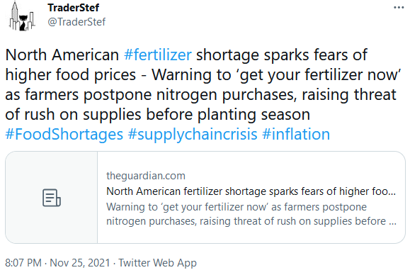 TraderStef on Twitter Fertilizer Shortage Nov. 25, 2021