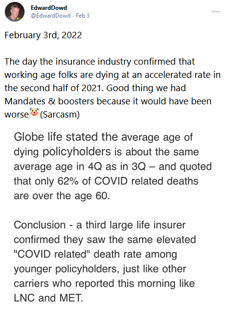 Edward Dowd GETTR on the Day Insurance Industry Confirmed Accelerated Deaths in 3Q-4Q21