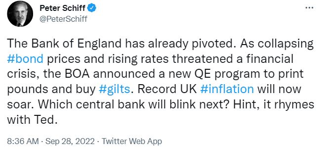 Peter Schiff Twitter on BoE QE and the Fed is Next