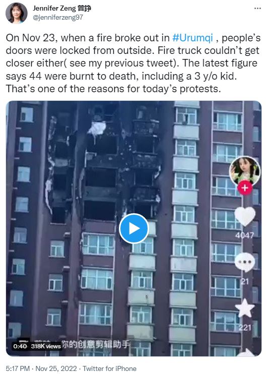 Jennifer Zeng Twitter on Apartment Building Fire in China