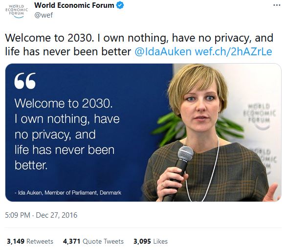 WEF on Twitter You Will Own Nothing And Be Happy Dec. 2016