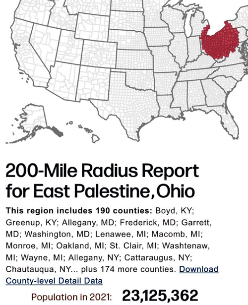 200 Mile Radius Around East Palestine