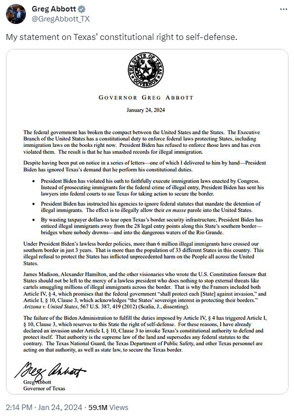 Texas Governor Greg Abbot's Statement to Biden Administration - Jan. 24, 2024