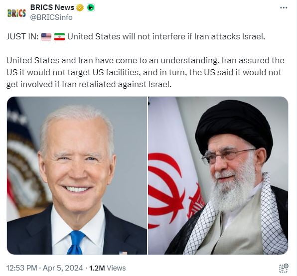 U.S. and Iran Deal if Iran Hits Israel - BRICS, Apr. 5